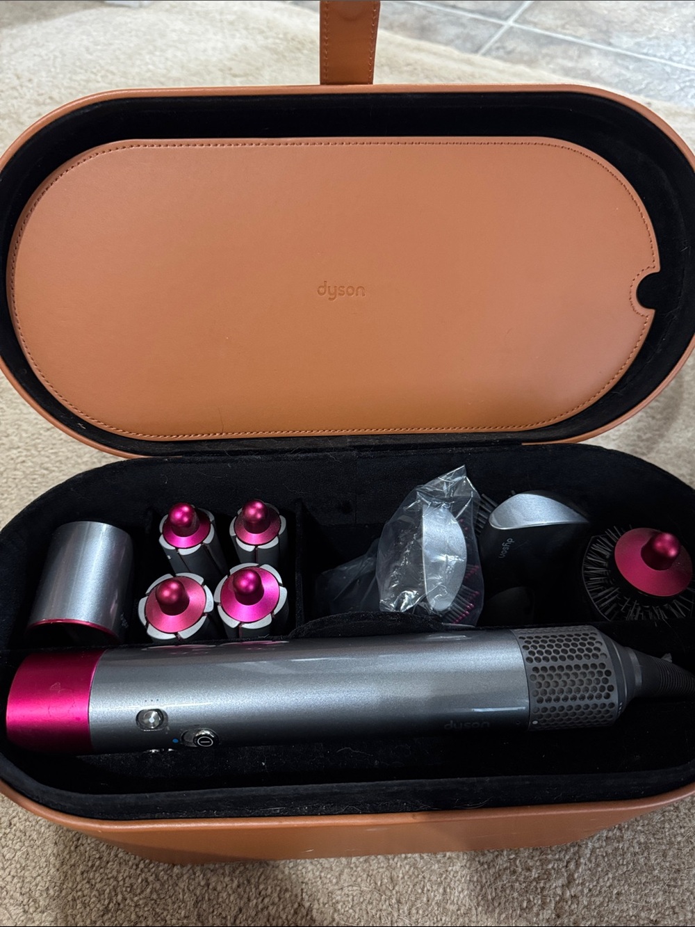 Dyson Airwrap in Silver and Magenta with Leather Case - Used less than 5 times